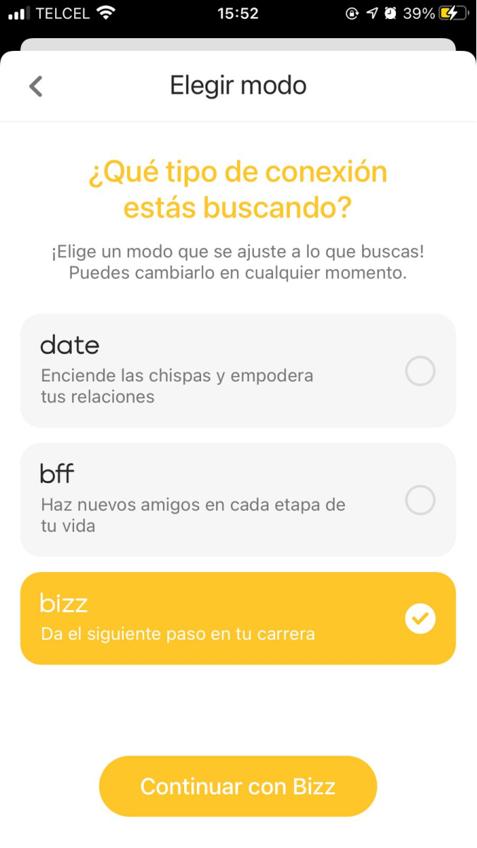 task 2: Person switching from date to bizz mode on the Bumble app
