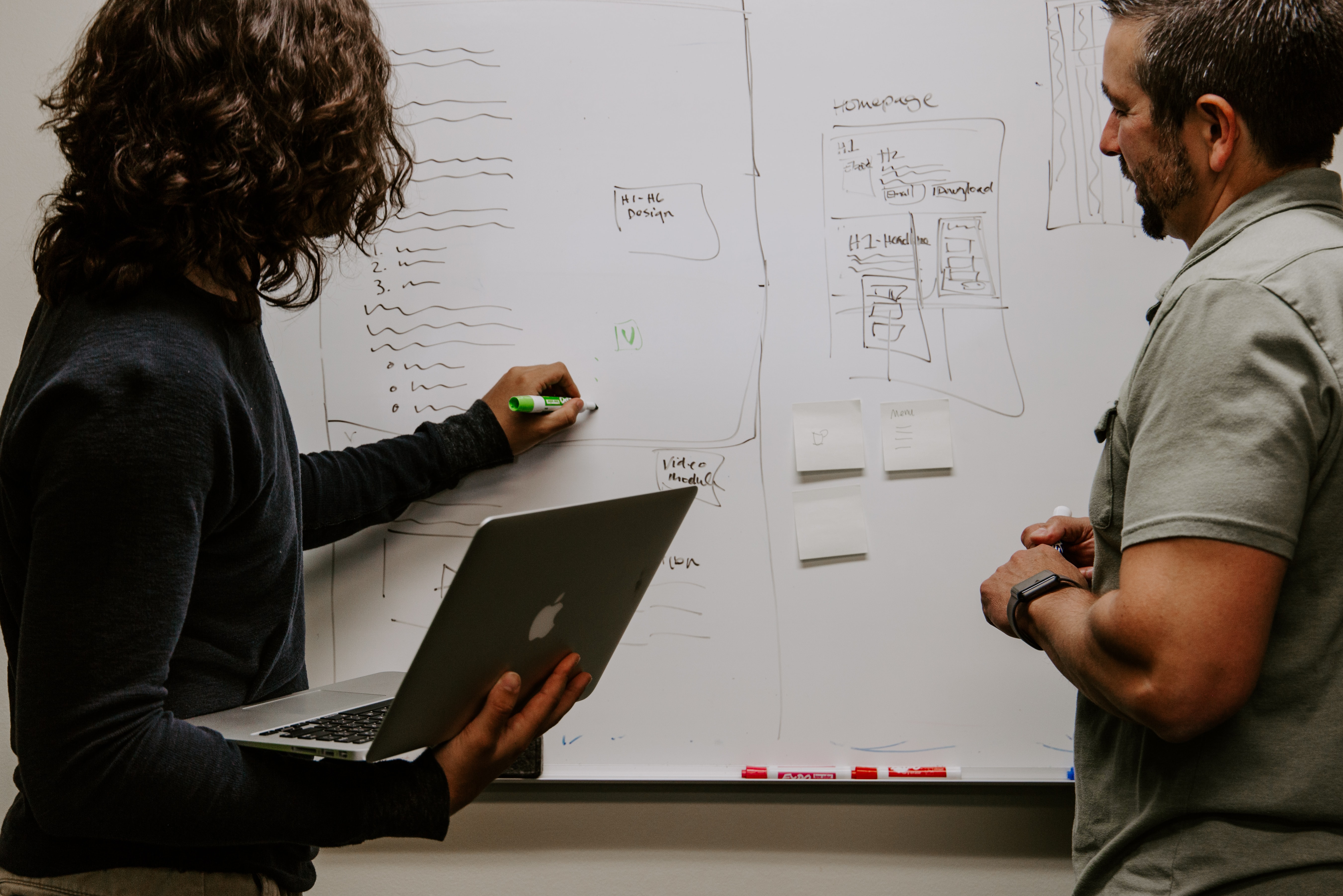 Two persons using a whiteboard to put information about the project